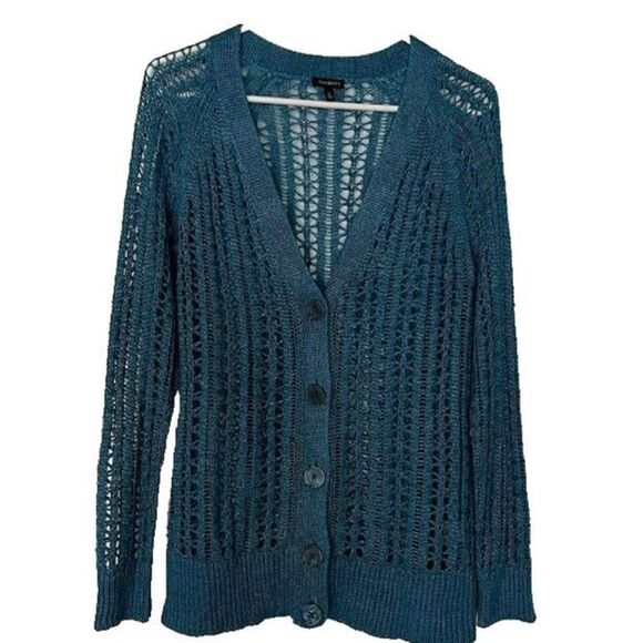 Talbots Preppy Business Casual Blue/Green Crocheted Long Sleeve VNeck Cardigan S - Picture 1 of 3